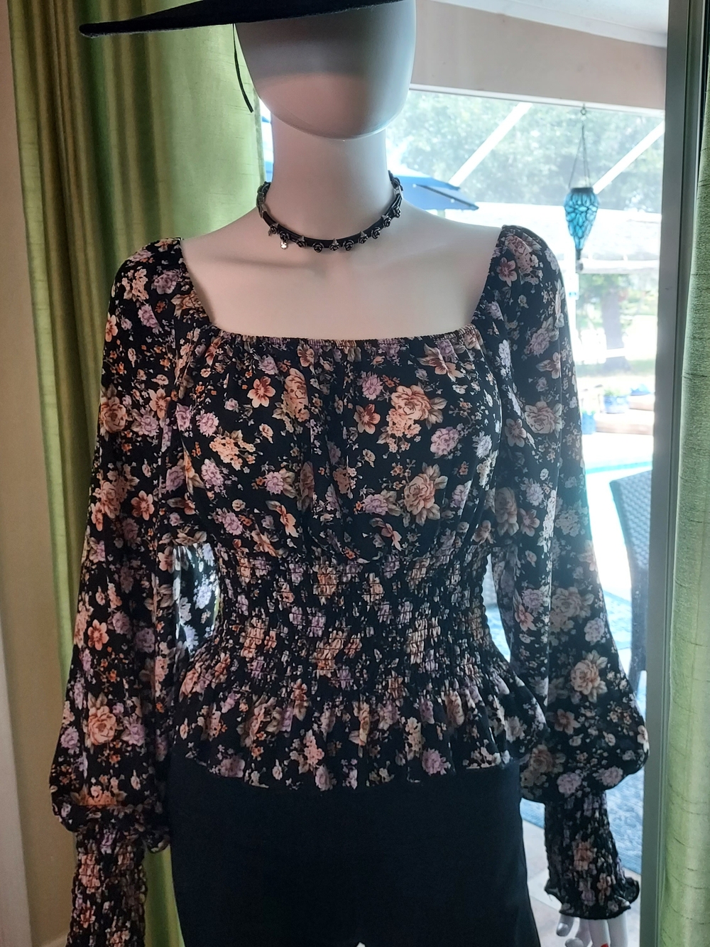 Smocked Floral Square-Neck Crop Top in Black